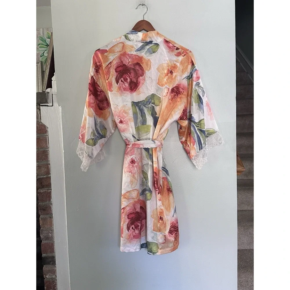 Linea Donatella Robe Womens S/M Watercolor Floral Satin Lace Trim Belted Kimono
